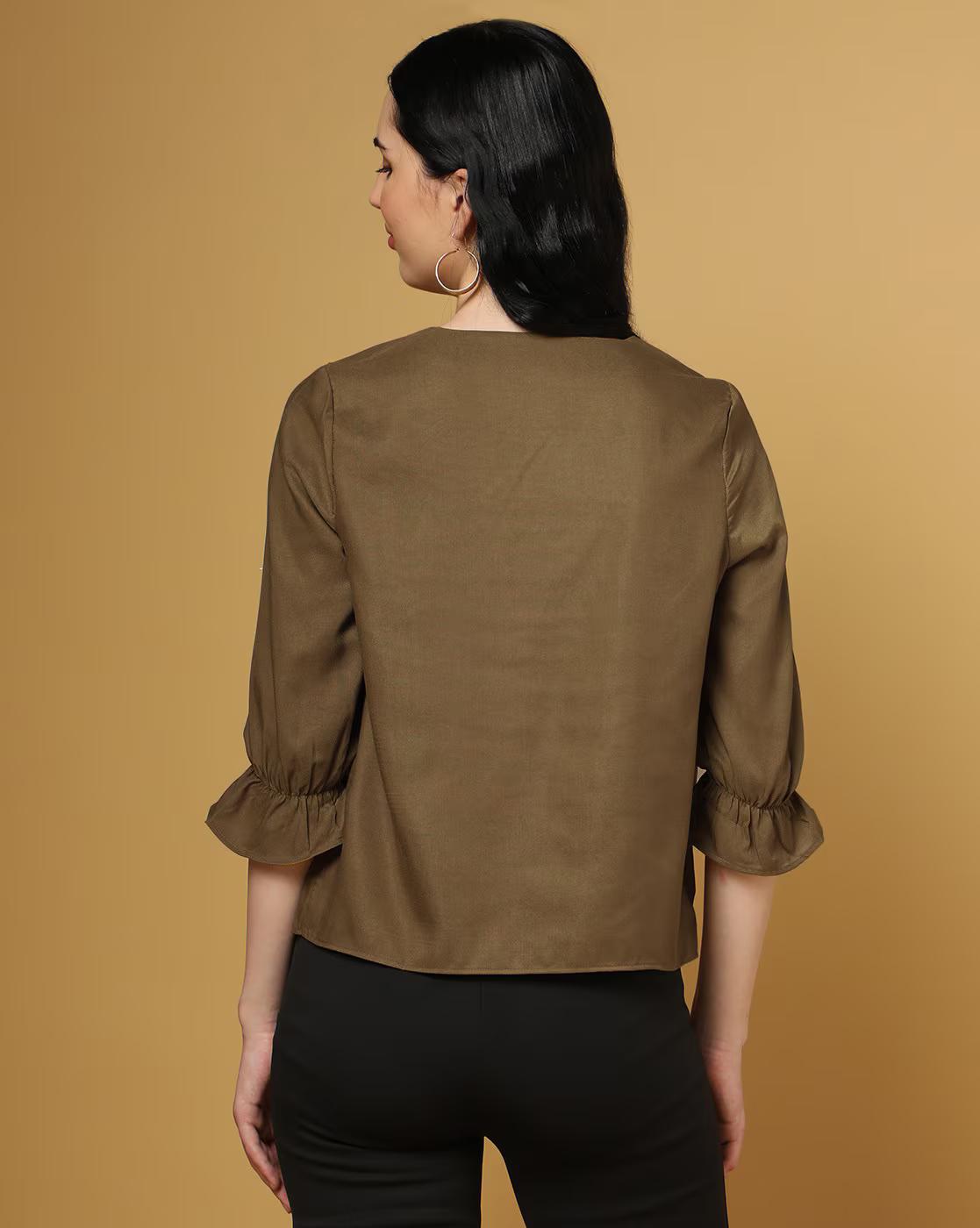 V-neck Top with Elasticated Sleeve Hem
