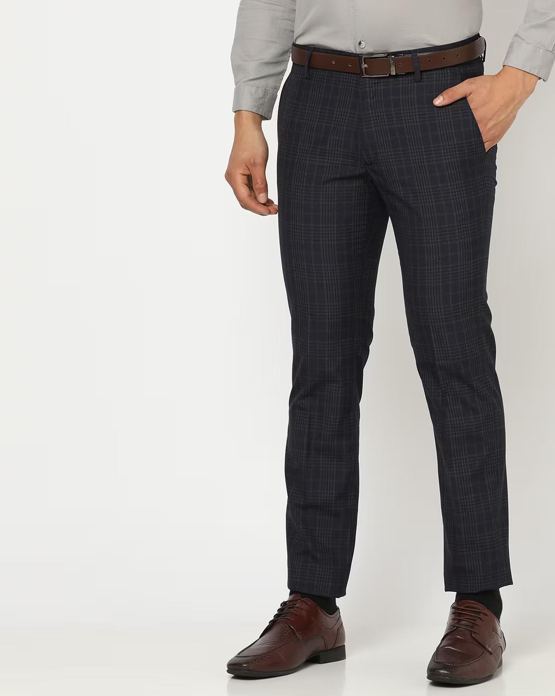 Checked Slim Fit Flat-Front Trousers