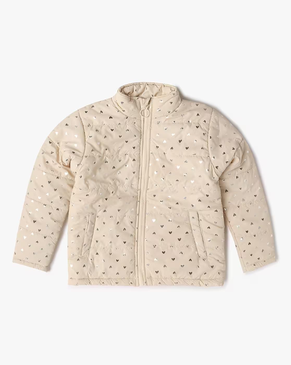 Girls Printed Puffer Jacket with Insert Pockets