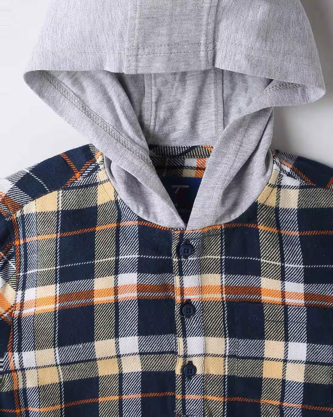Boys Checked Hooded Shirt