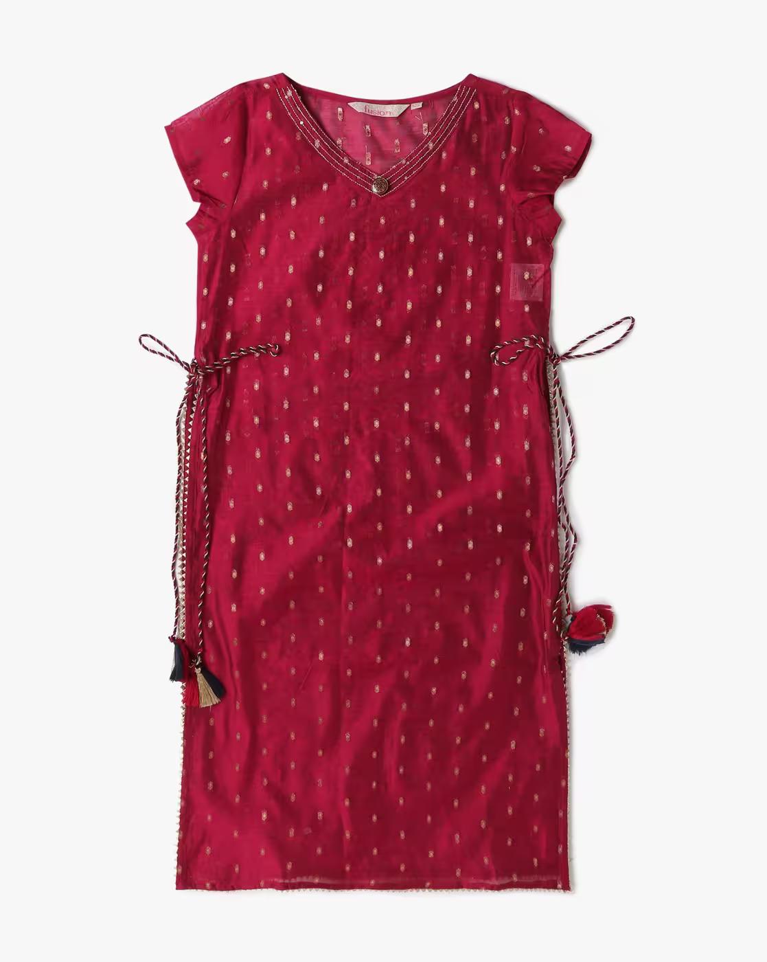 Girls Woven A-Line Kurta with Overlay