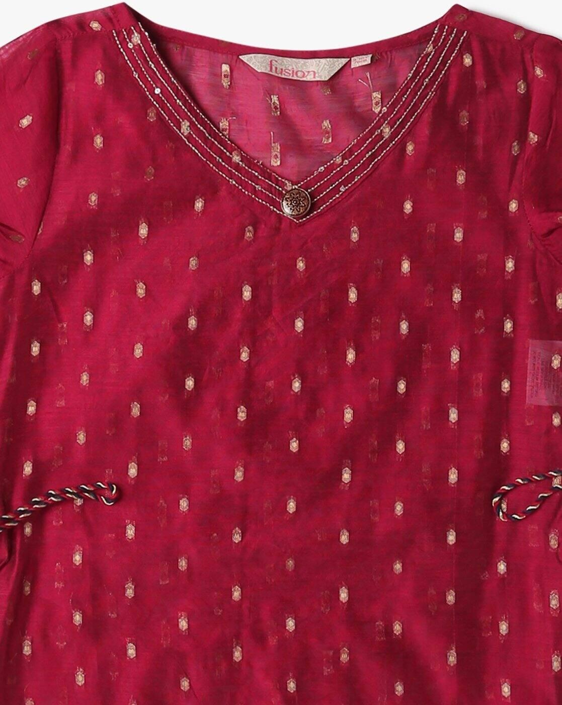 Girls Woven A-Line Kurta with Overlay