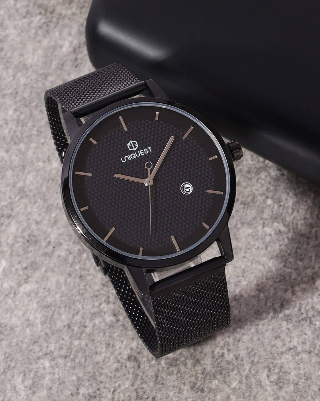 Black Dial Analogue Fashion Watch with Date Function And Mesh Strap For Men