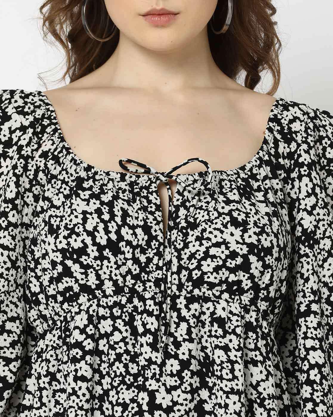 Women Floral Print A-Line Dress with Tie-Up Neck