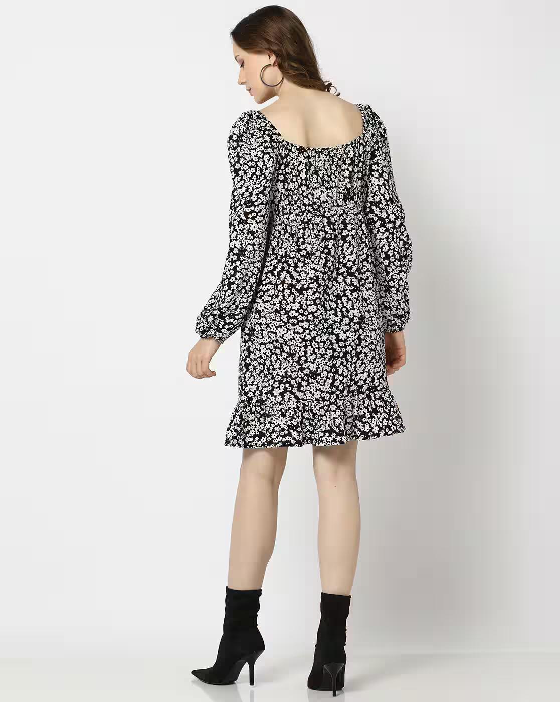 Women Floral Print A-Line Dress with Tie-Up Neck