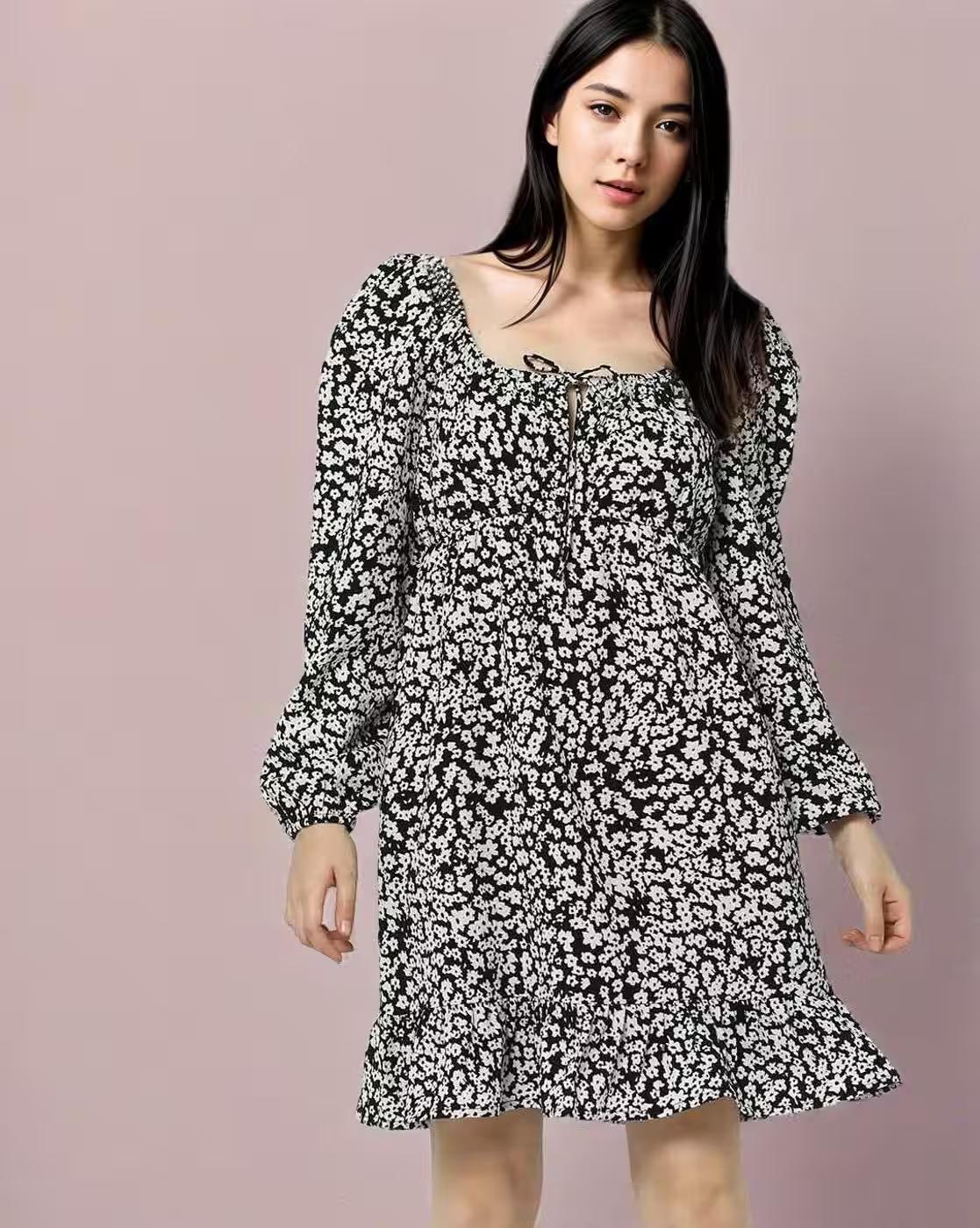 Women Floral Print A-Line Dress with Tie-Up Neck