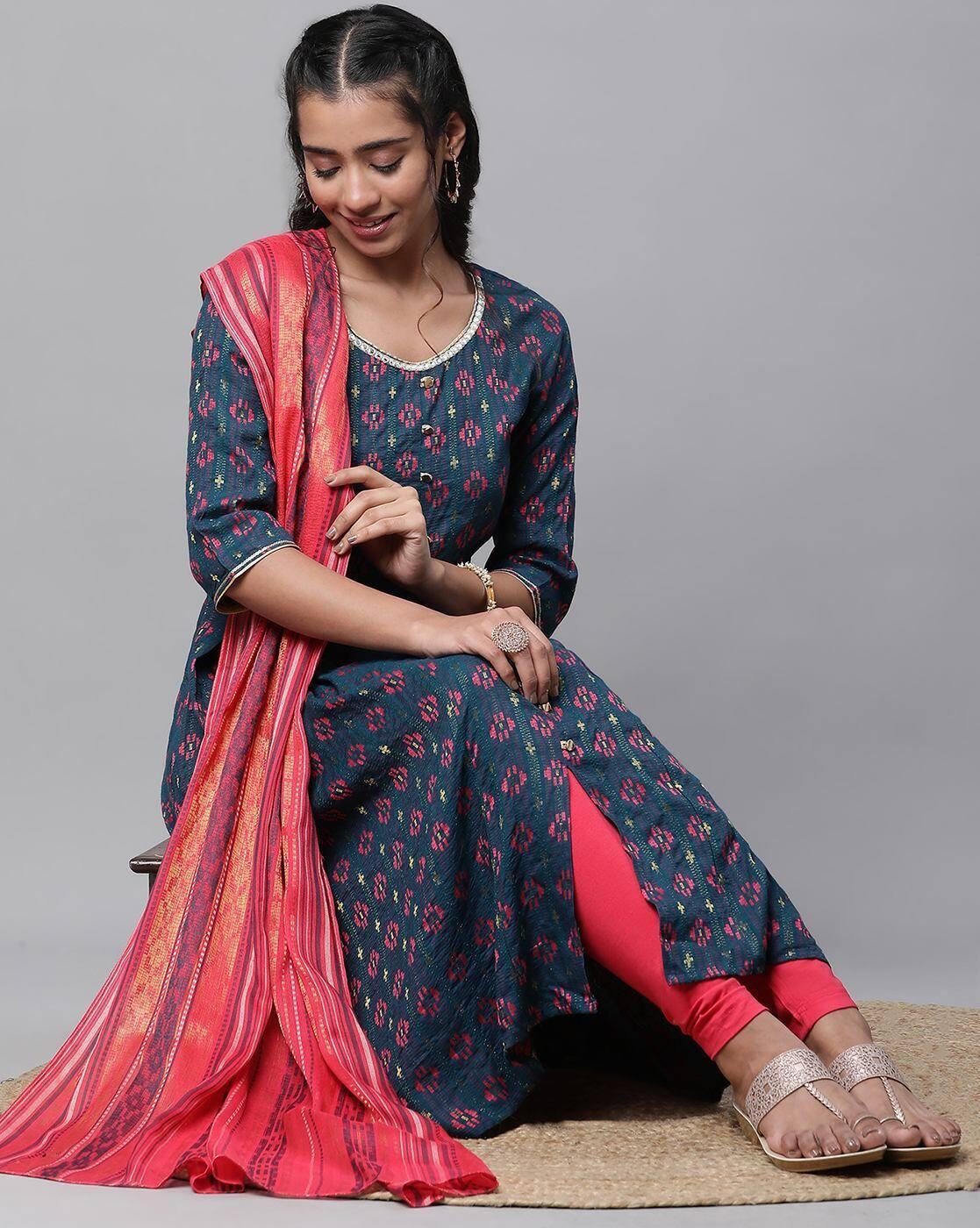 Women Geometric Woven Flared Kurta with Pants & Dupatta