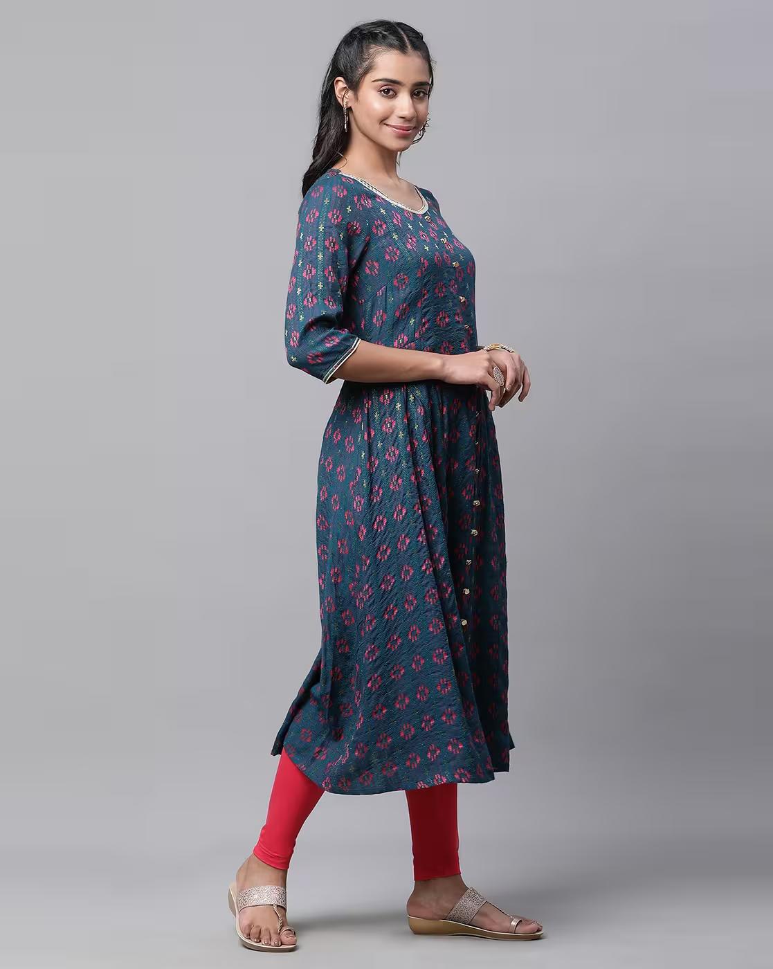 Women Geometric Woven Flared Kurta with Pants & Dupatta