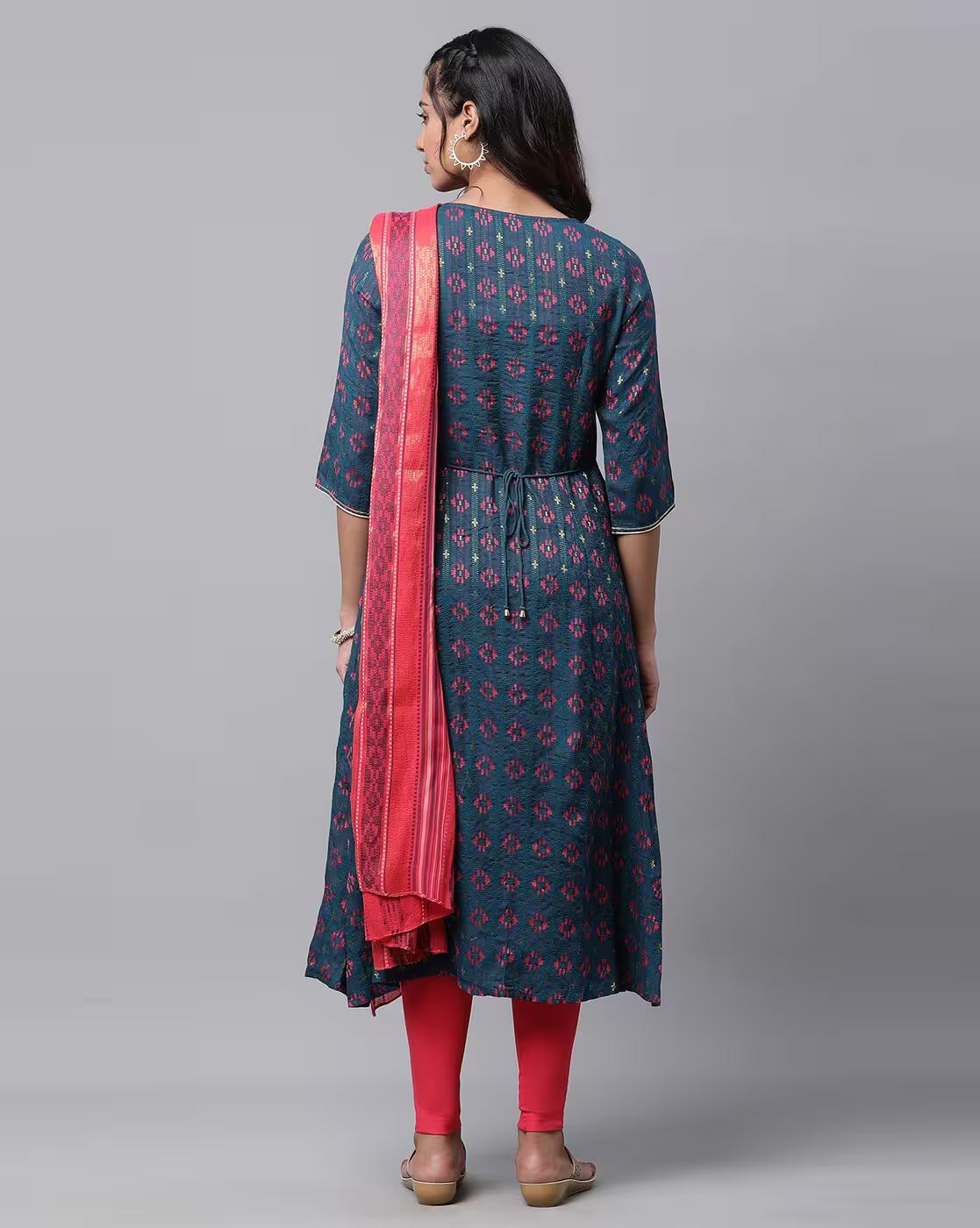 Women Geometric Woven Flared Kurta with Pants & Dupatta