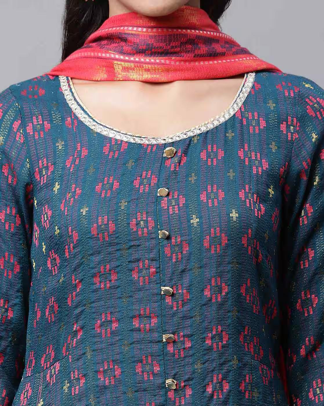 Women Geometric Woven Flared Kurta with Pants & Dupatta