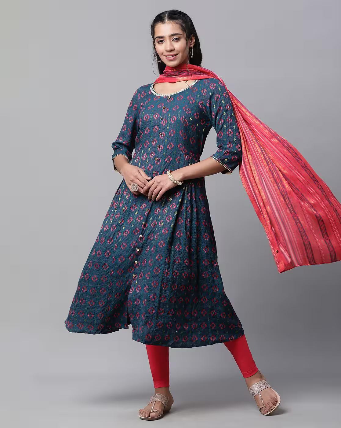 Women Geometric Woven Flared Kurta with Pants & Dupatta