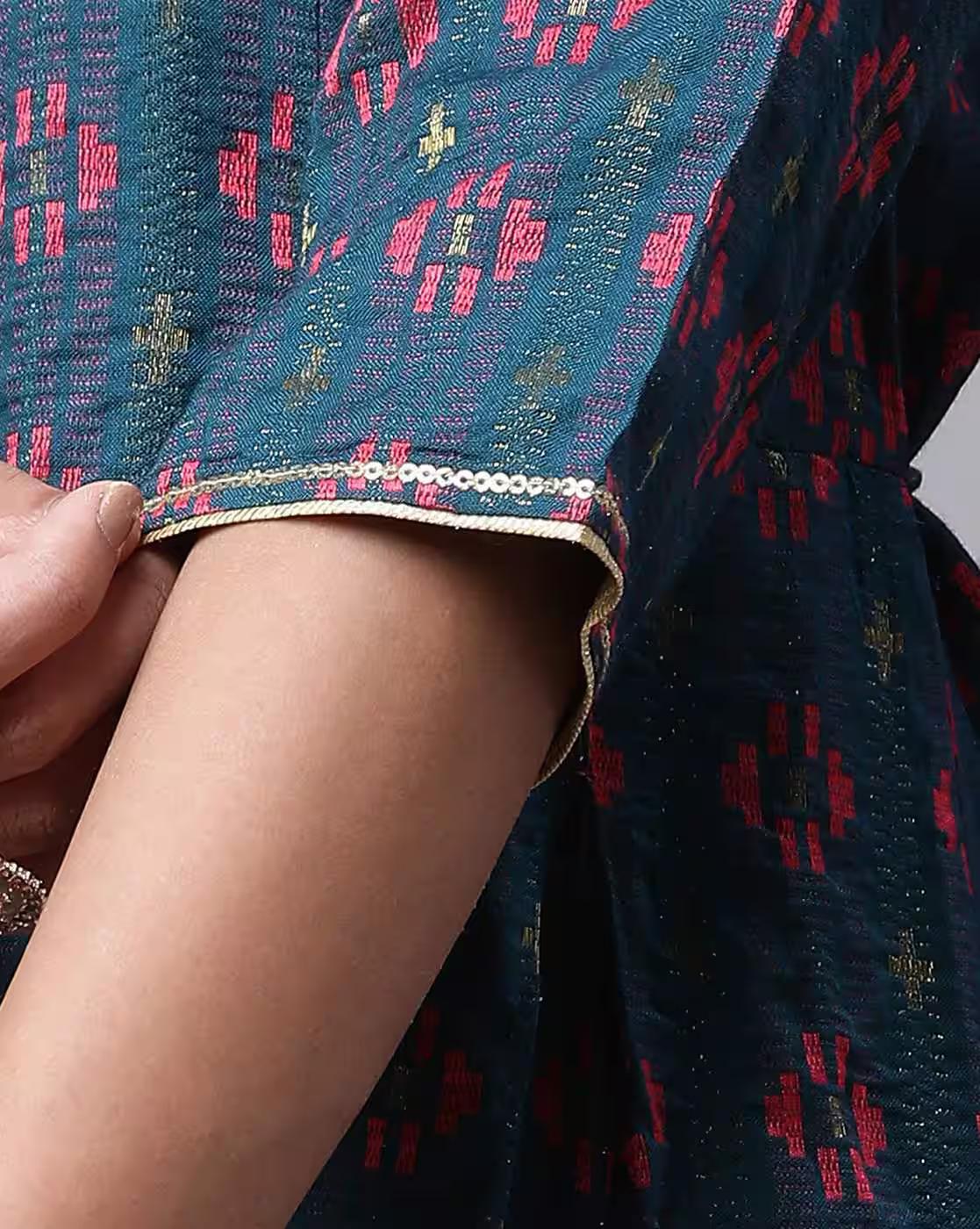 Women Geometric Woven Flared Kurta with Pants & Dupatta