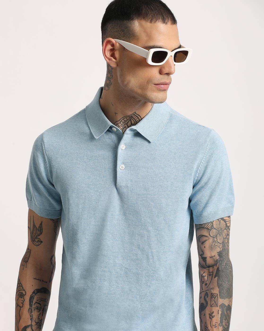 Men Blue Solid Regular Fit Polo, BLUE, L