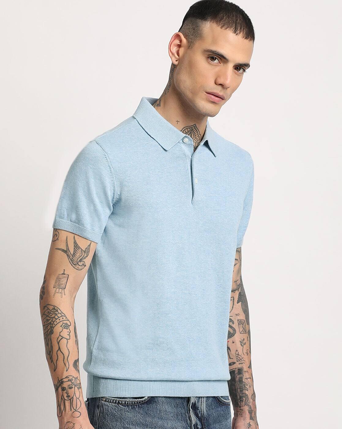 Men Blue Solid Regular Fit Polo, BLUE, L