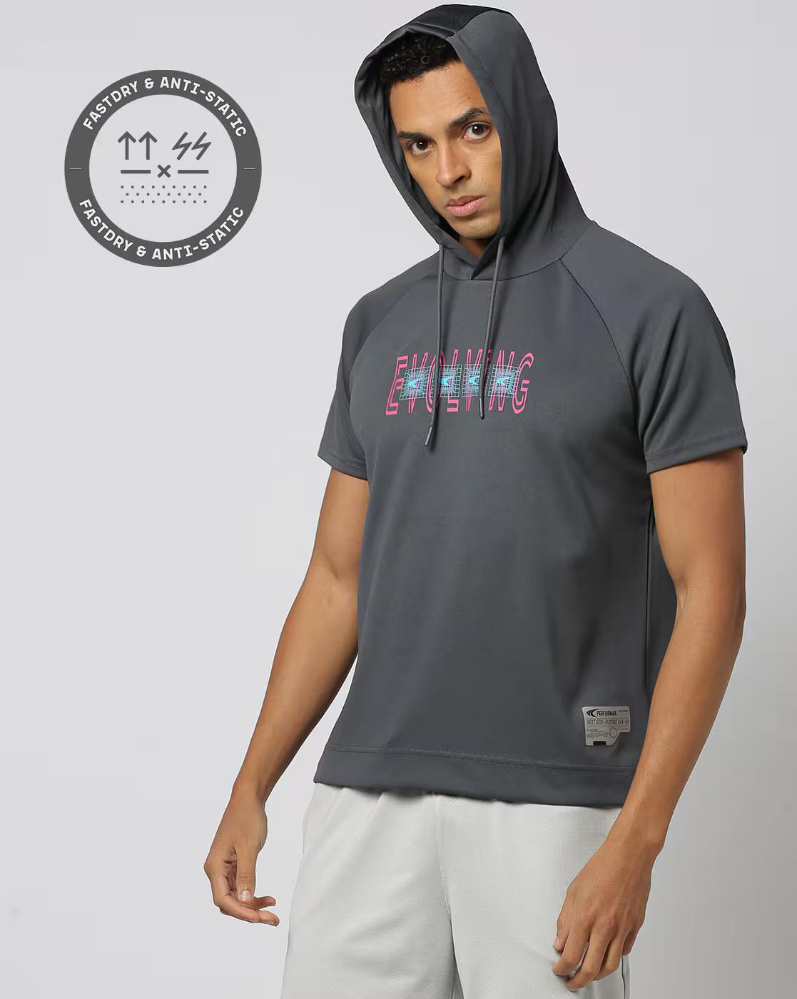 Men Typographic Print Slim Fit Hooded T-Shirt