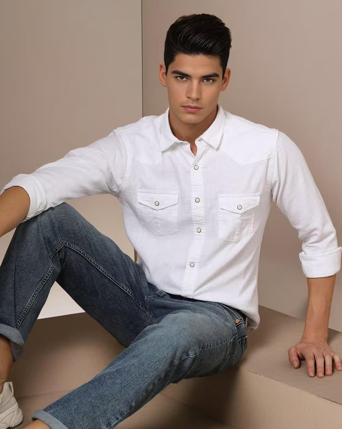 Men Cotton Slim Fit Shirt with Flap Pockets