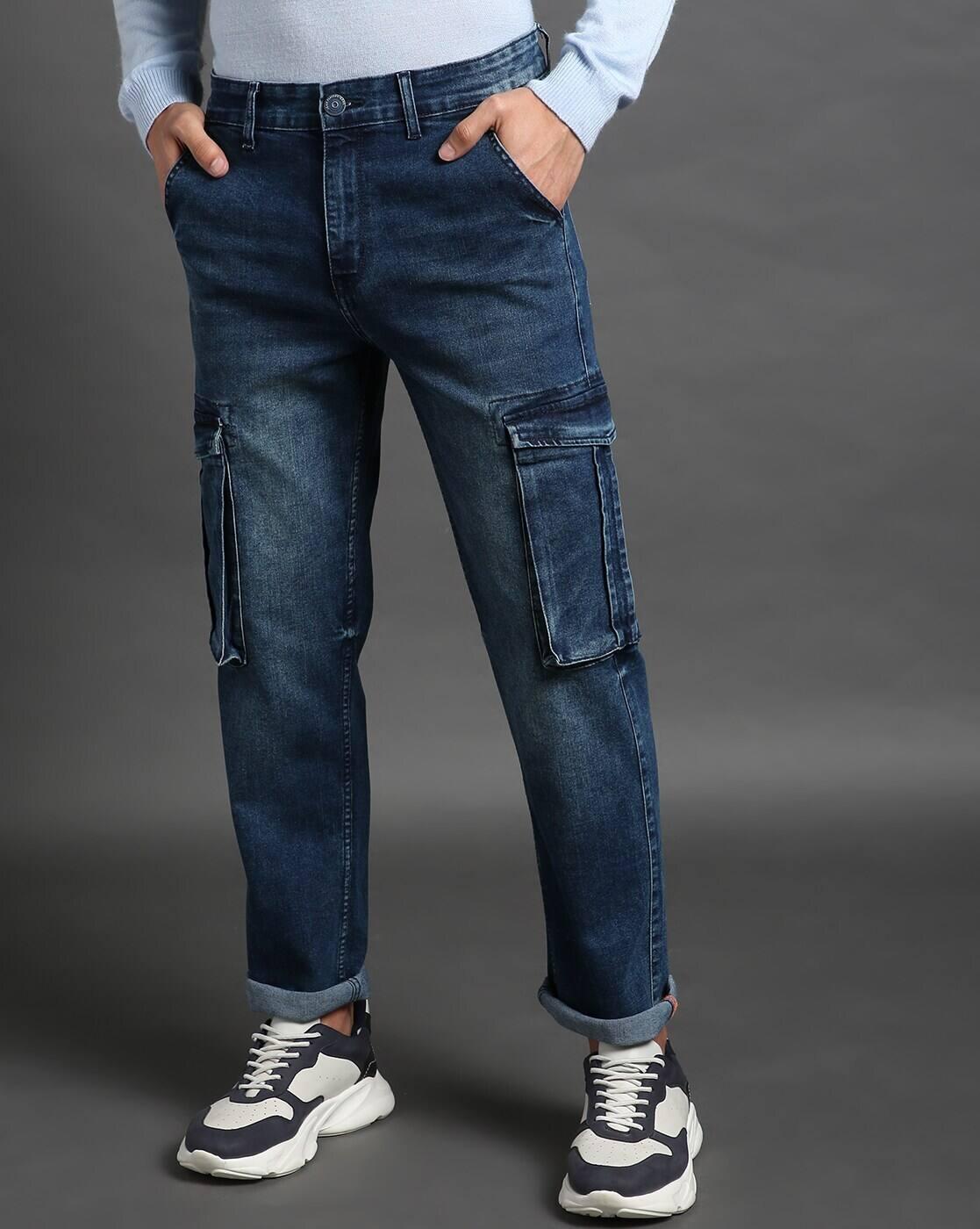 Men Mid-Wash Straight Cargo Jeans