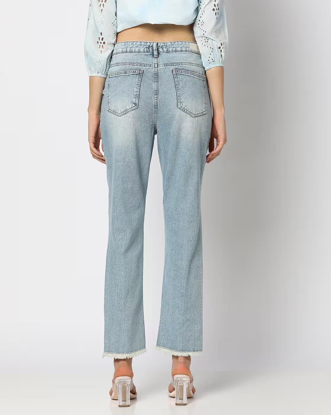 Women Washed Straight Fit Distressed High-Rise Heavily Jeans