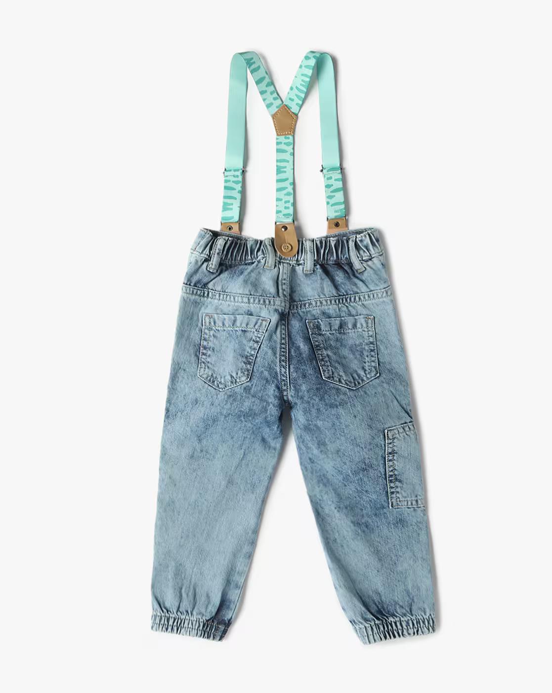 Mid-Wash Regular Fit Jeans with Suspenders