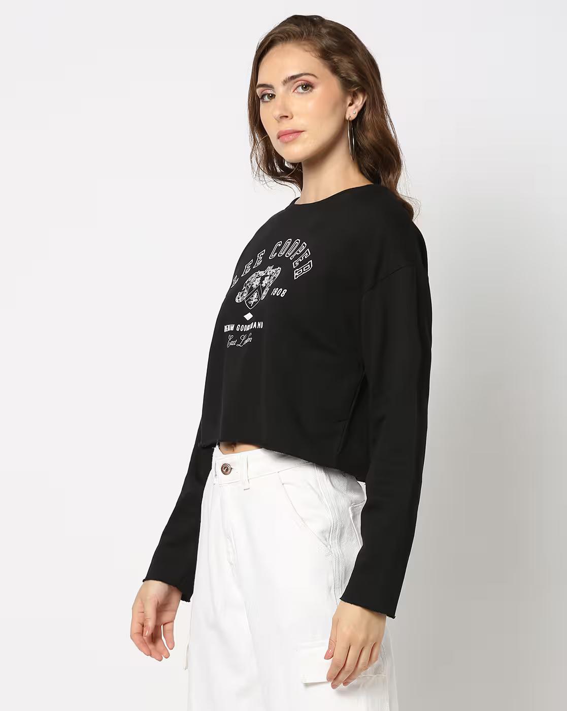 Women Logo Print Regular Fit Crew-Neck Crop Sweatshirt