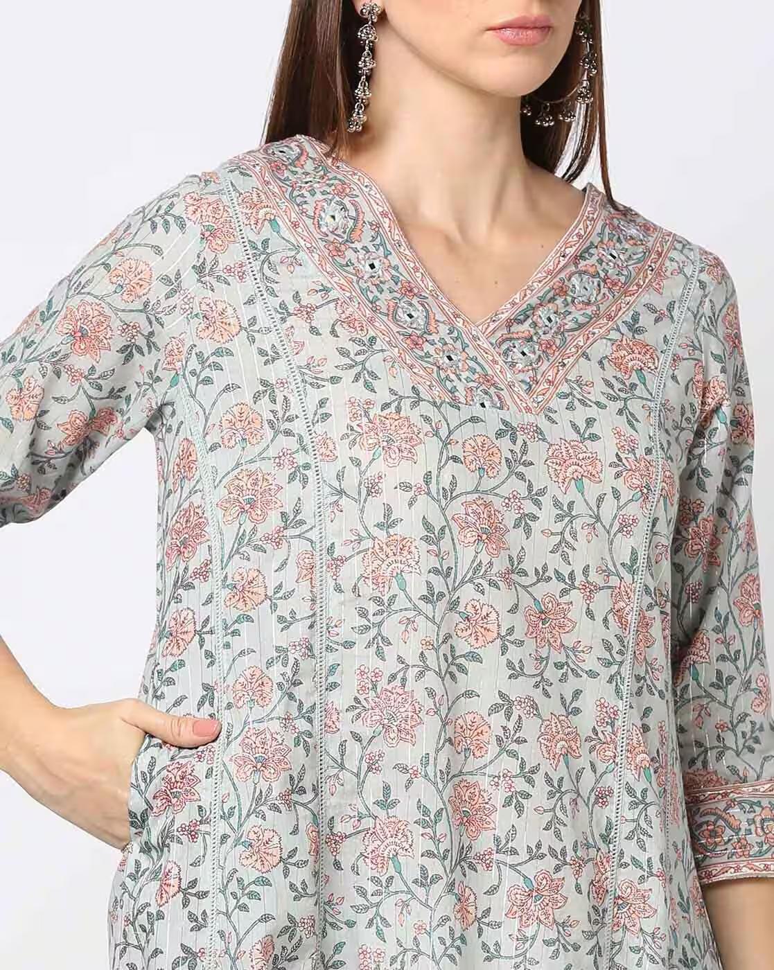 Women Floral Print V-Neck Kalidar Kurta