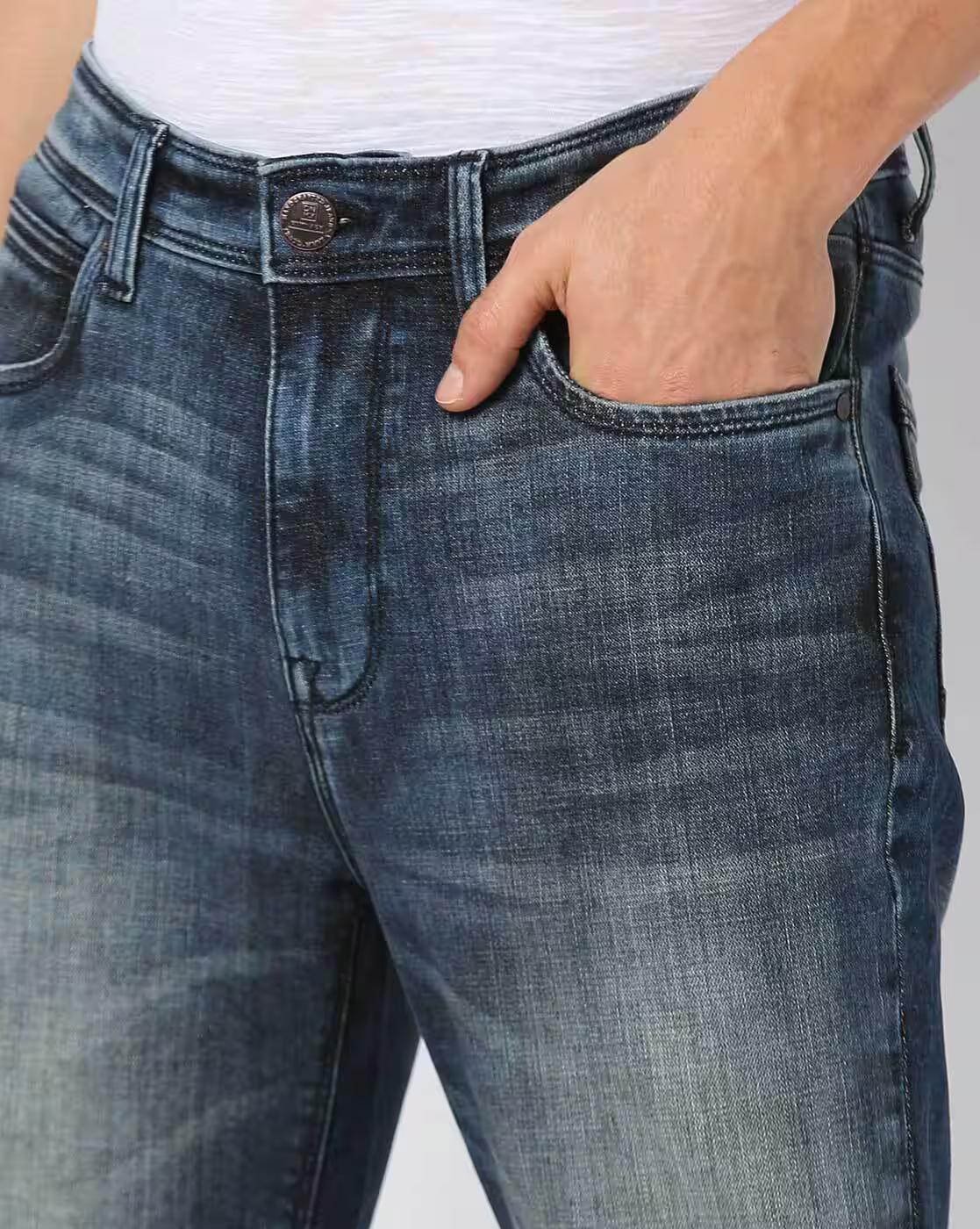 Men Heavily Washed Straight Jeans