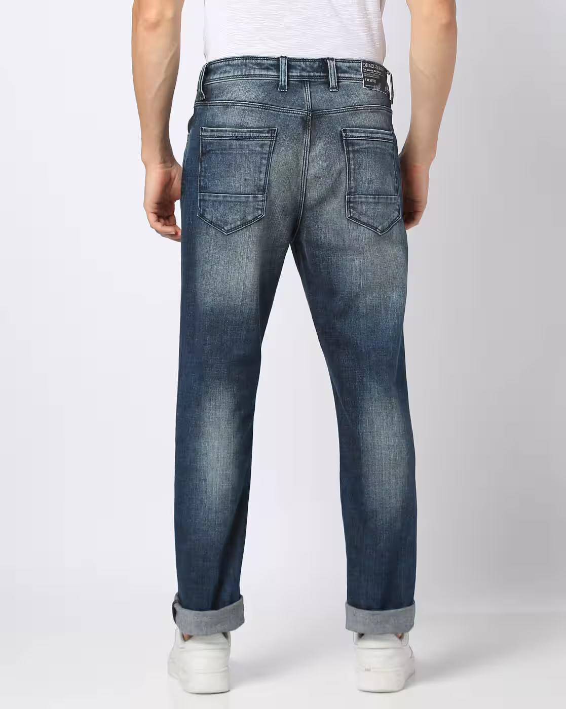 Men Heavily Washed Straight Jeans