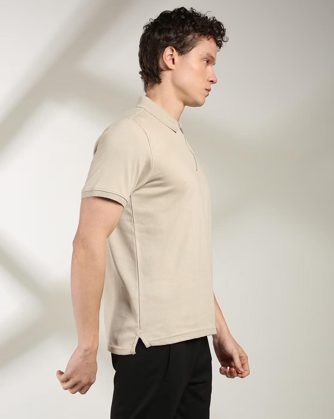 STRUCTURED POLO NECK TSHIRT W, BEIGE, XL