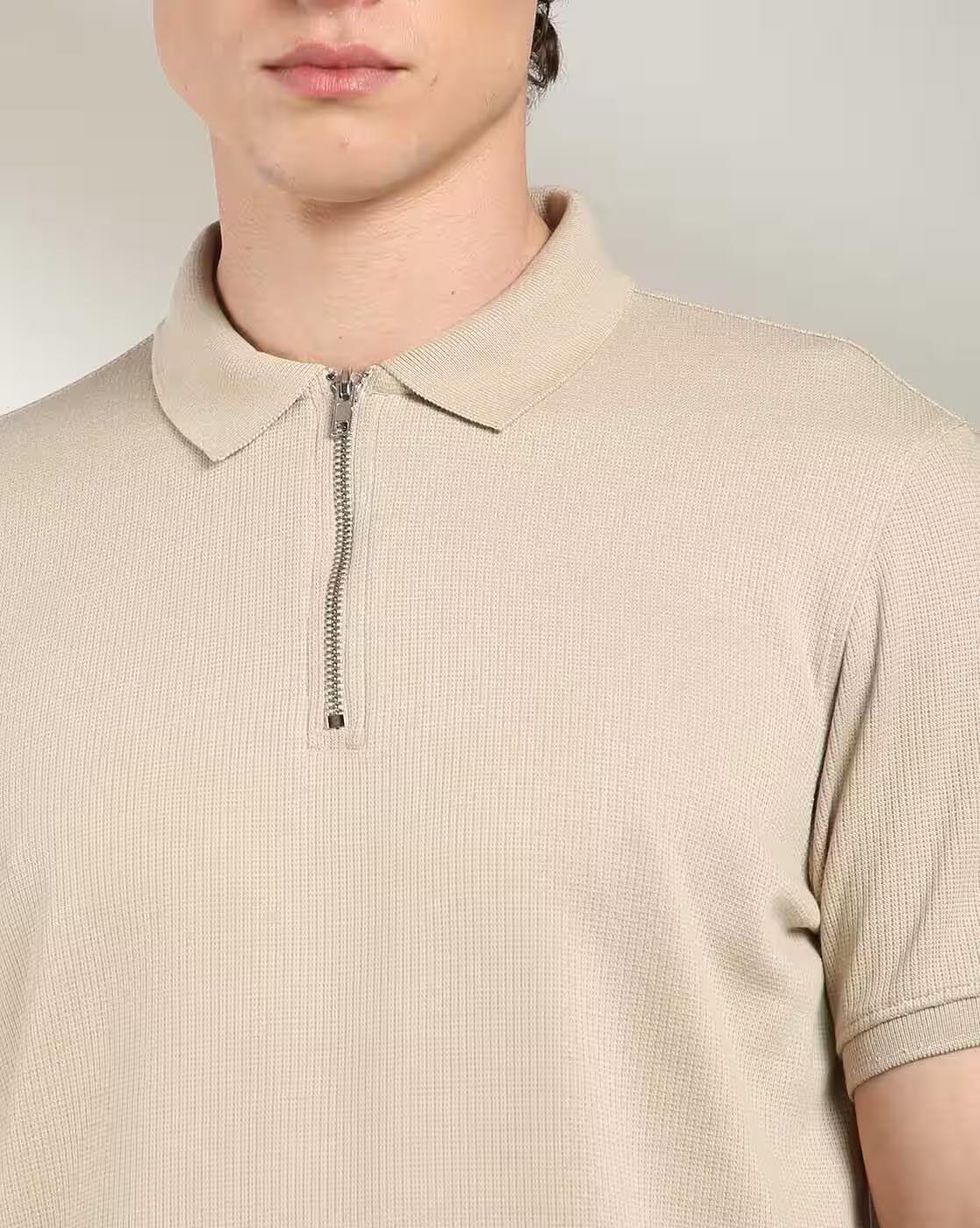 STRUCTURED POLO NECK TSHIRT W, BEIGE, XL