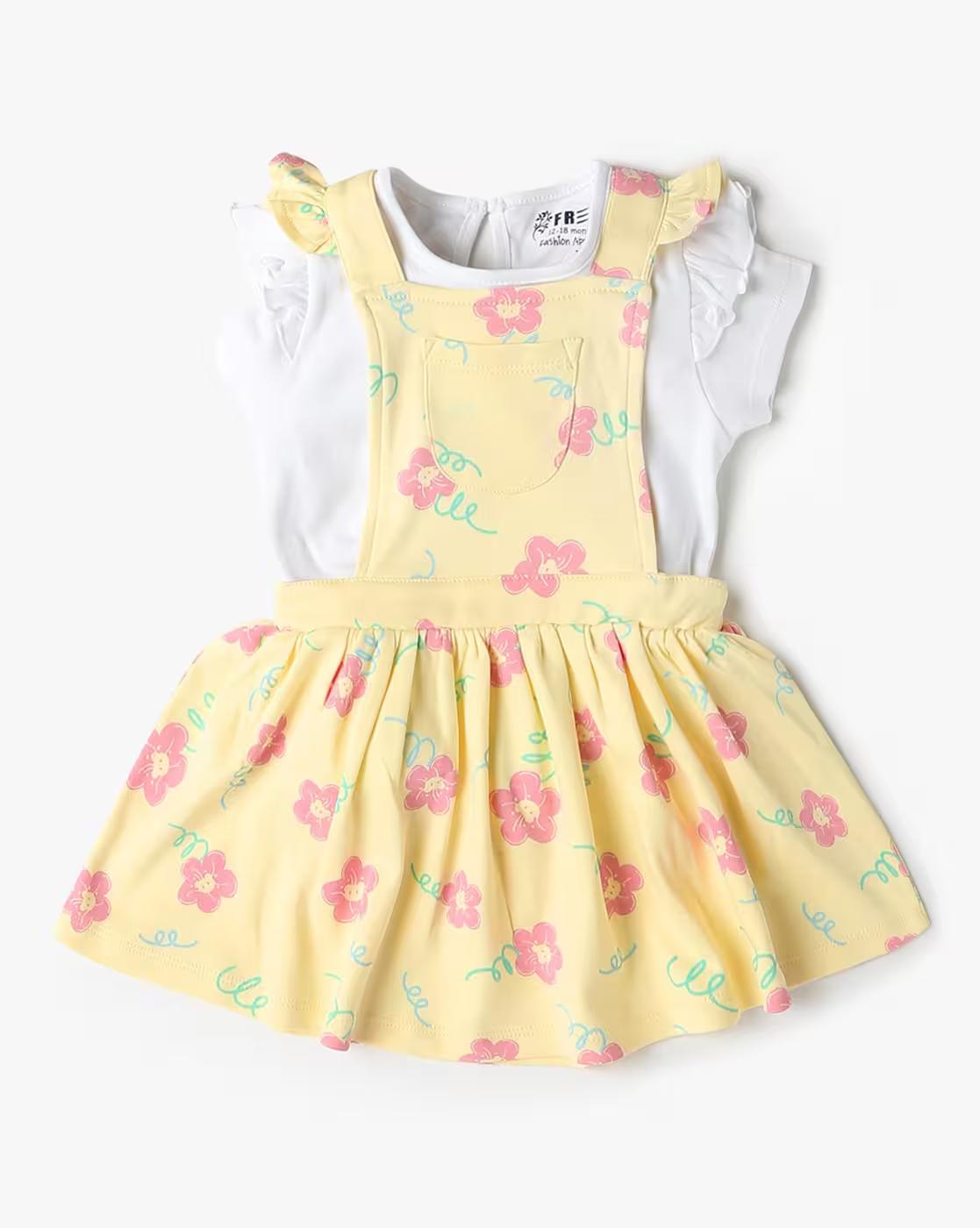 Girls Floral Print Cotton Fit & Flare Dress with Top