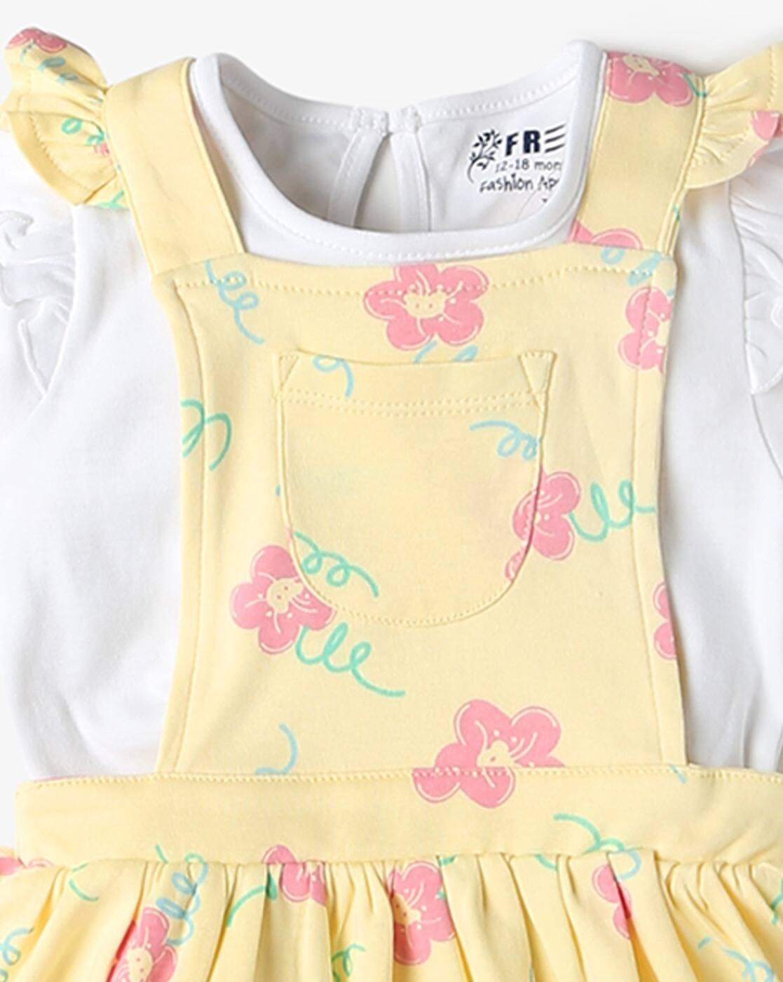 Girls Floral Print Cotton Fit & Flare Dress with Top