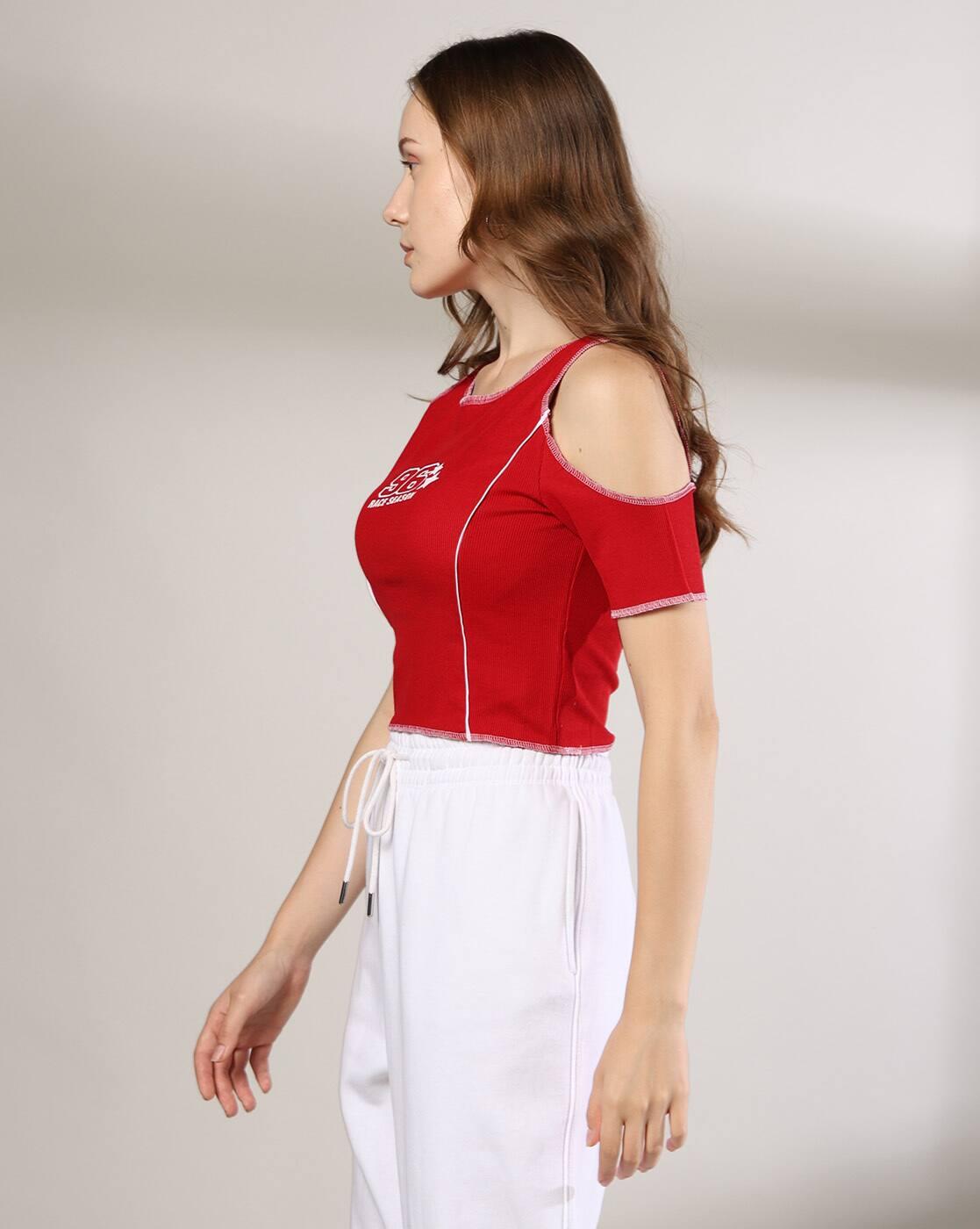 Women Printed Regular Fit Cold-Shoulder Crop Top
