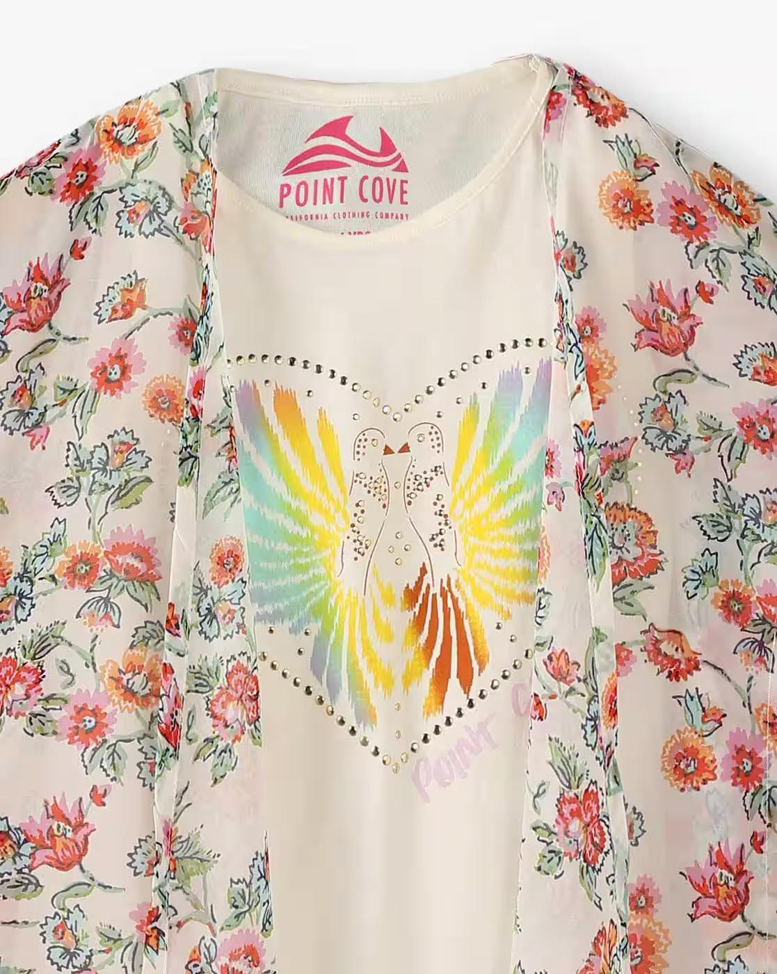 Girls Floral Print Round-Neck T-Shirt with Jacket