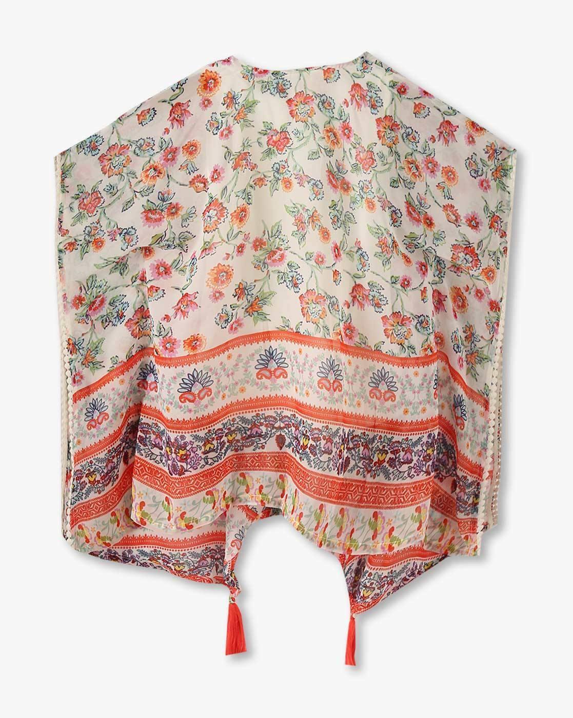 Girls Floral Print Round-Neck T-Shirt with Jacket