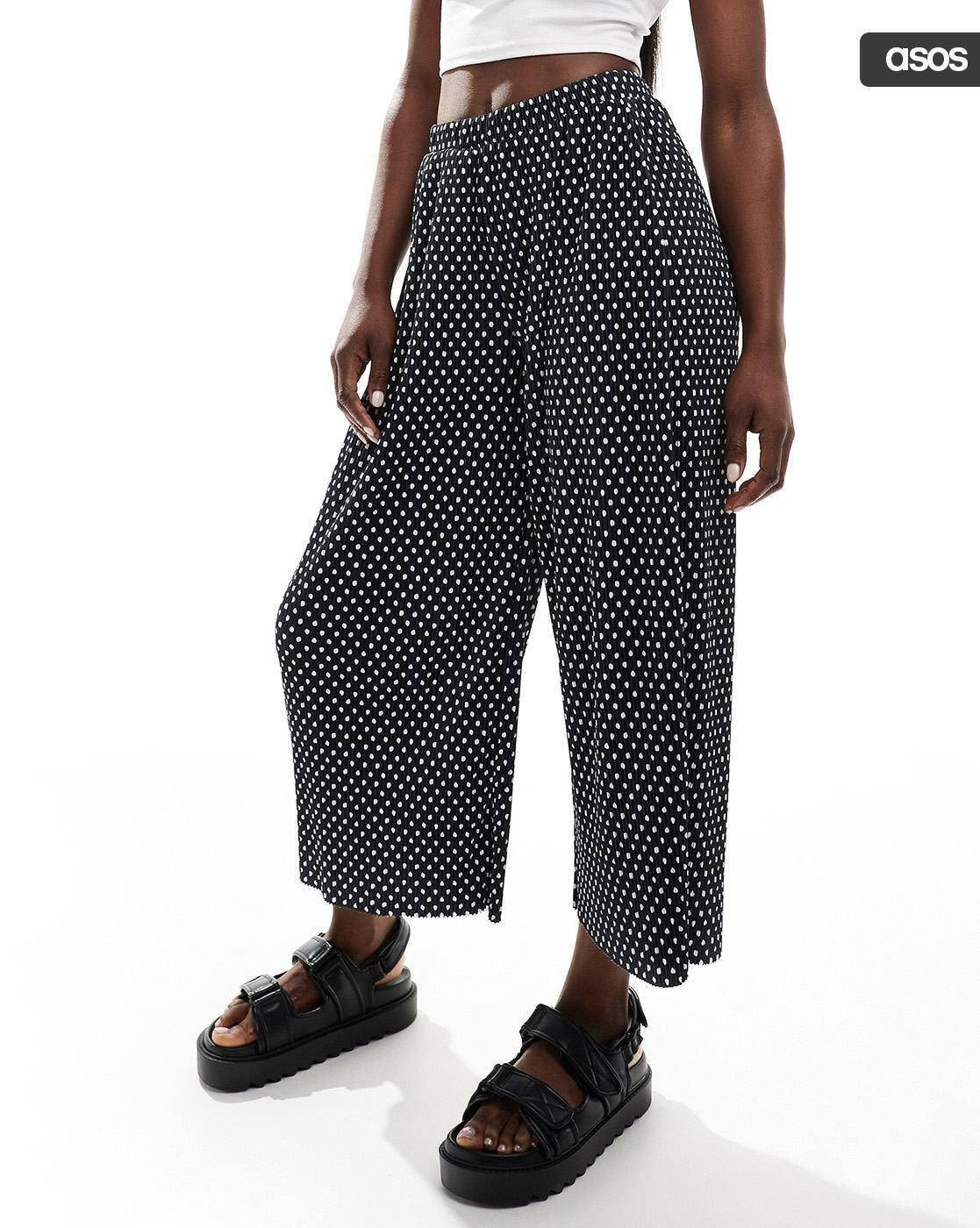 Plisse Wide Trousers Polka-Dots Culottes