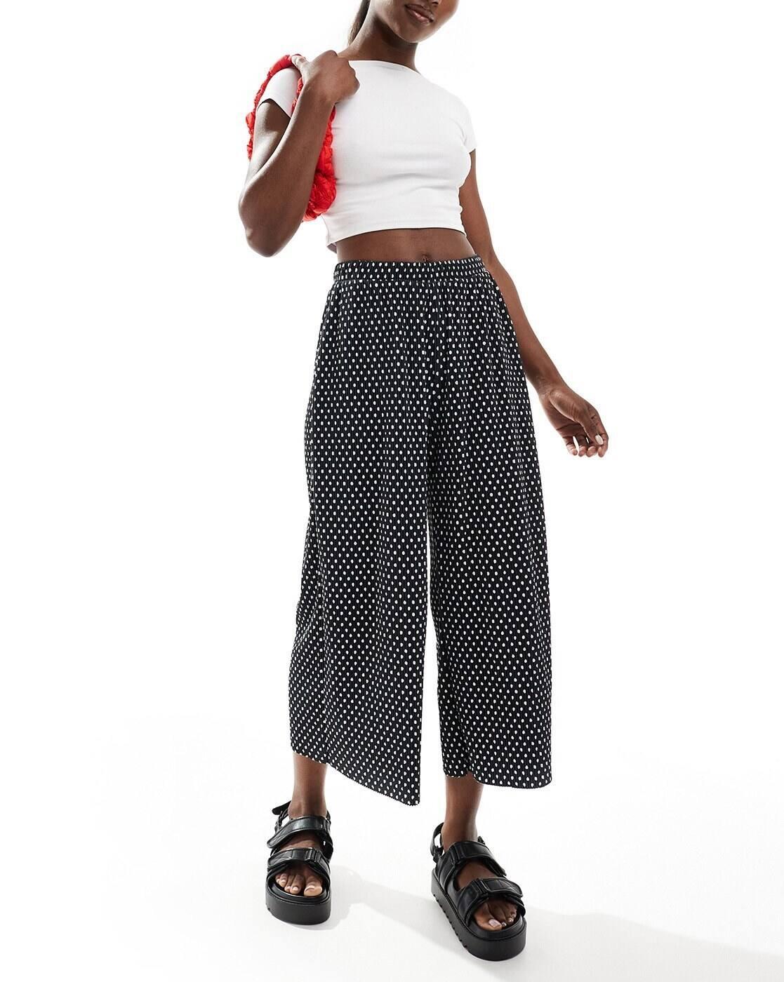 Plisse Wide Trousers Polka-Dots Culottes