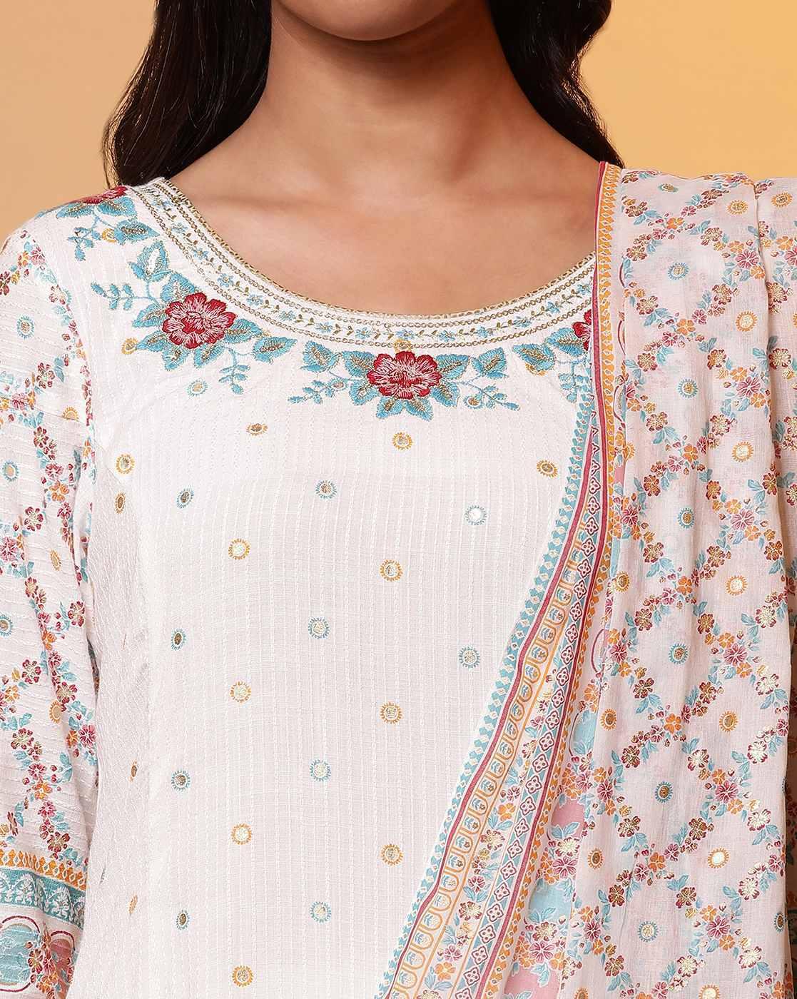 Women Embroidered A-Line Kurta with Palazzos & Dupatta