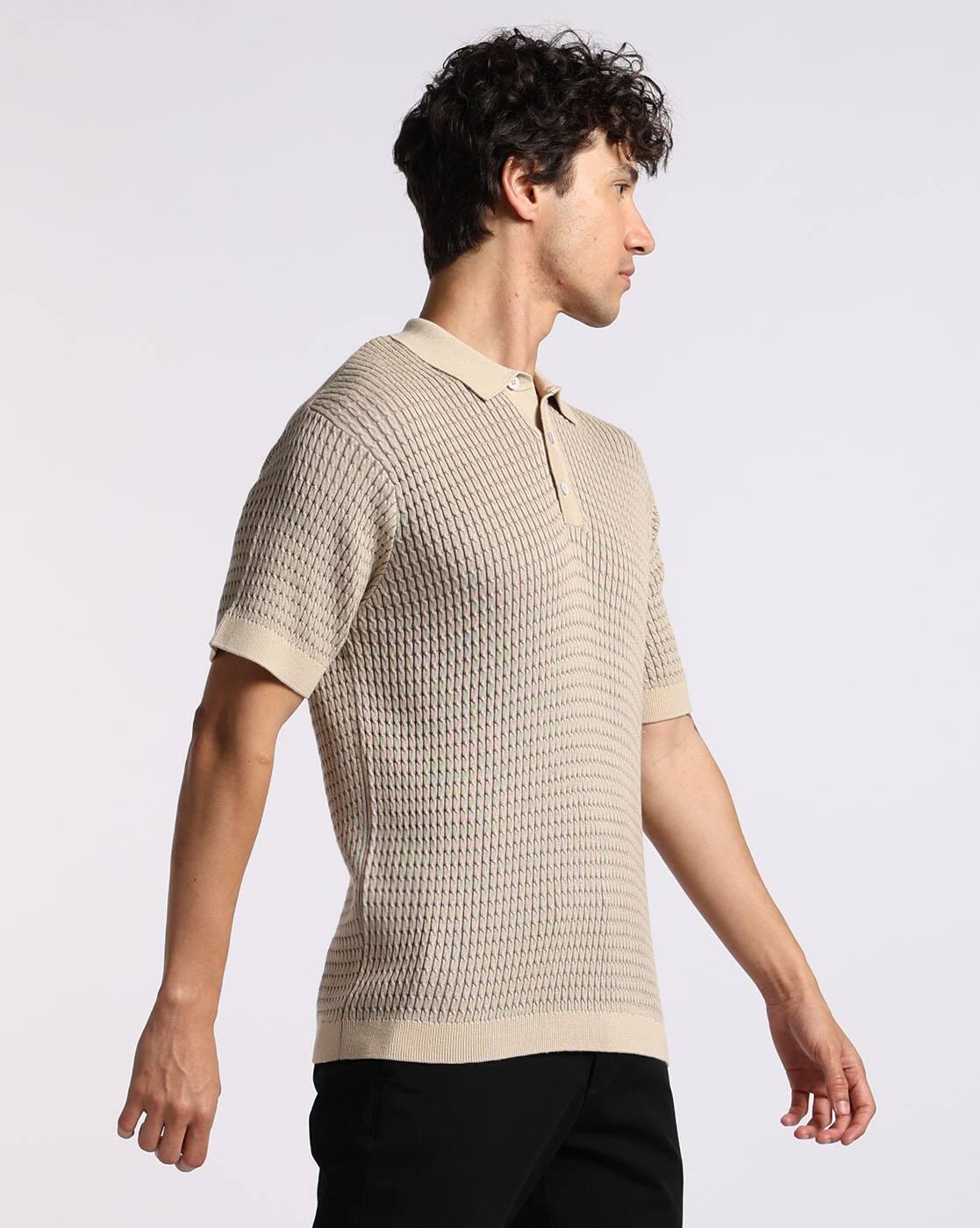 Men Cable-Knit Relaxed Fit Polo T-Shirt