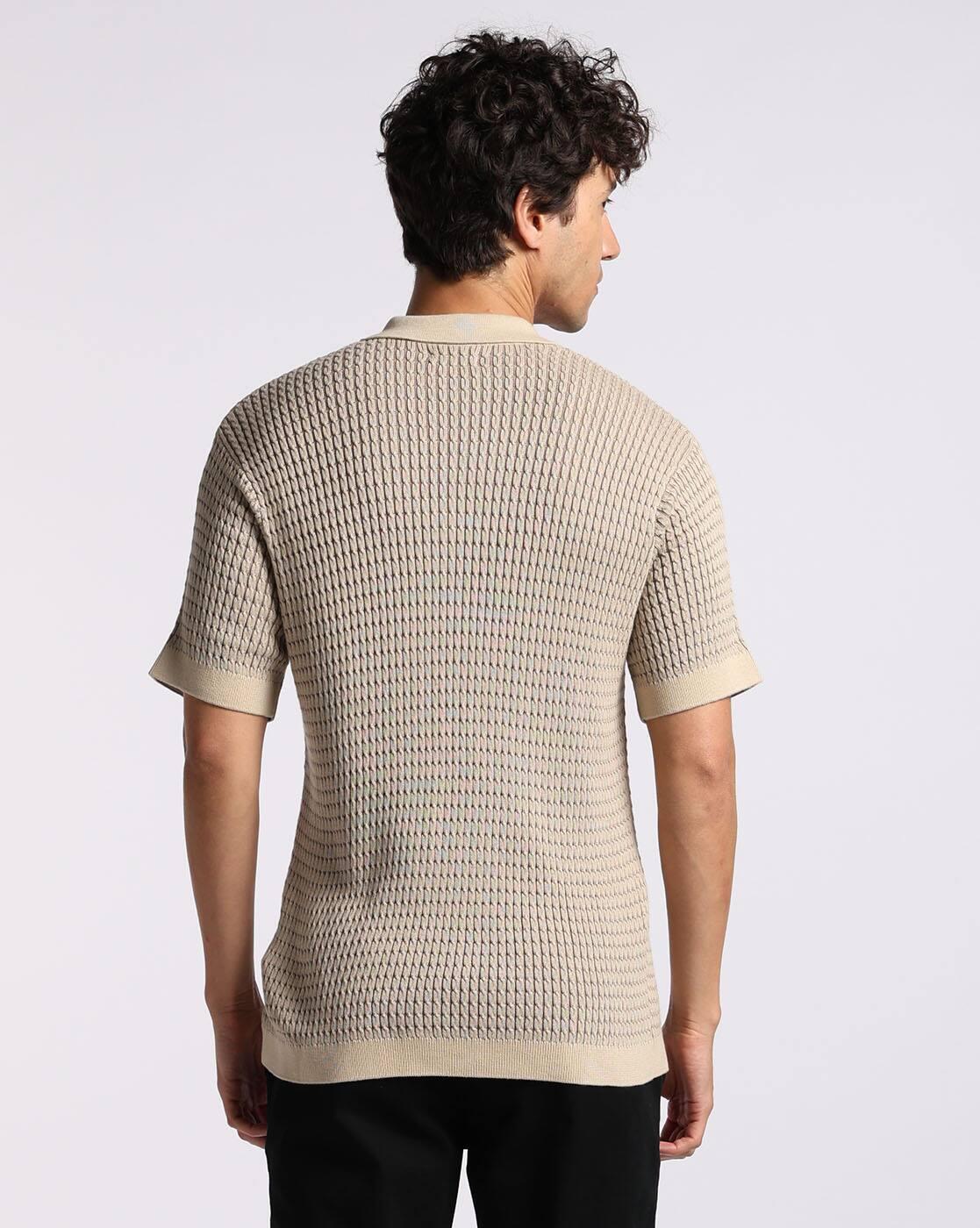 Men Cable-Knit Relaxed Fit Polo T-Shirt