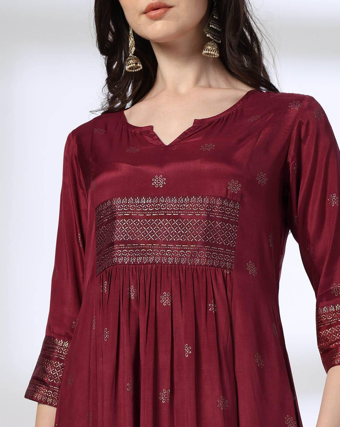 PRINTD FLARED KURTA, MAROON, L