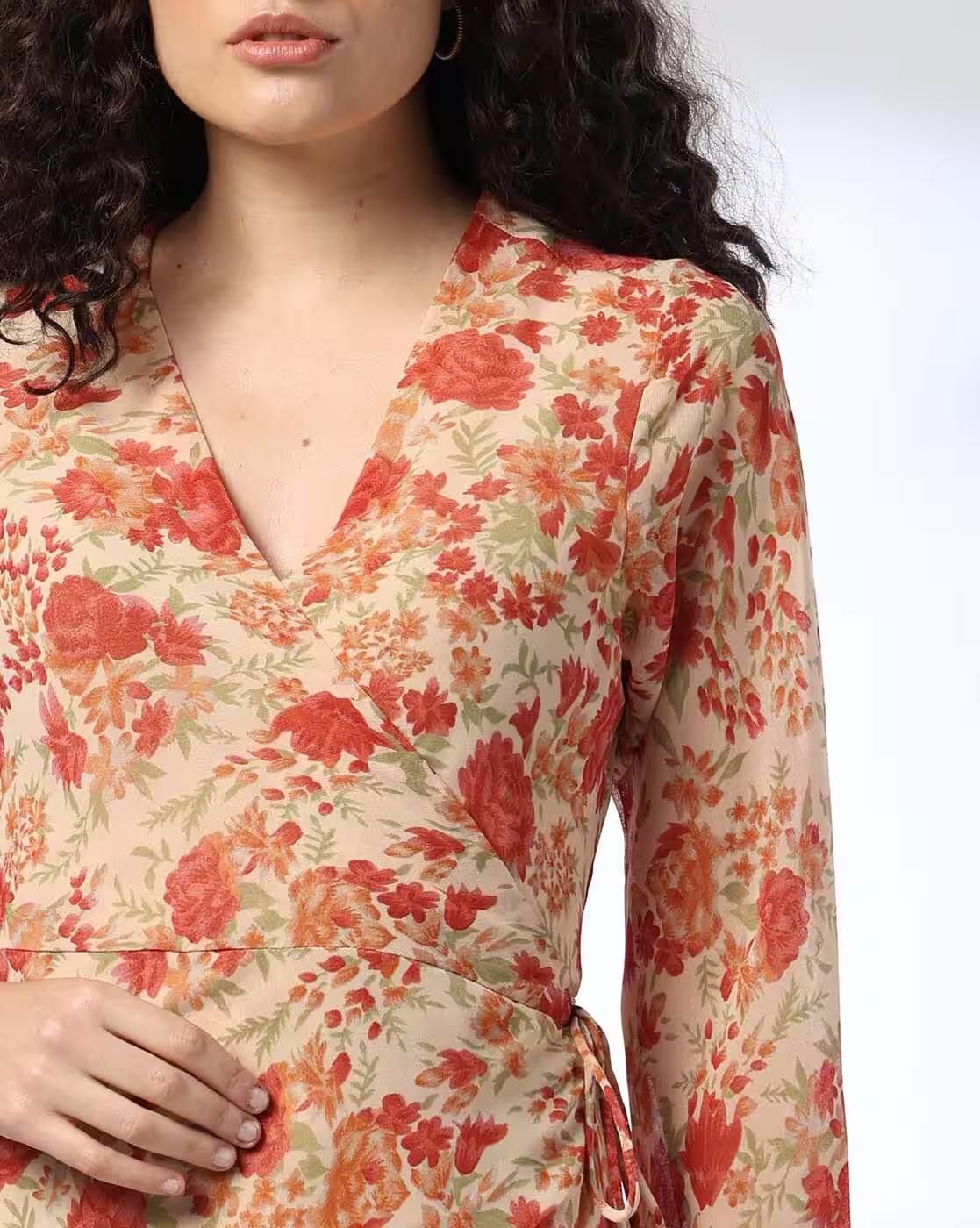 Women Floral Print Wrap Dress