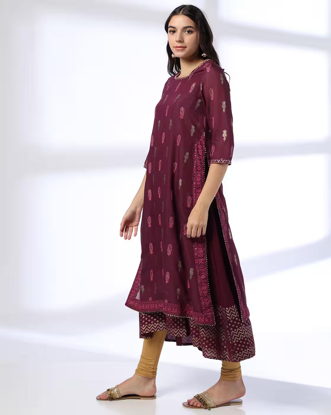 DOUBLE LAYERED FESTIVE KURTA, WINE, S