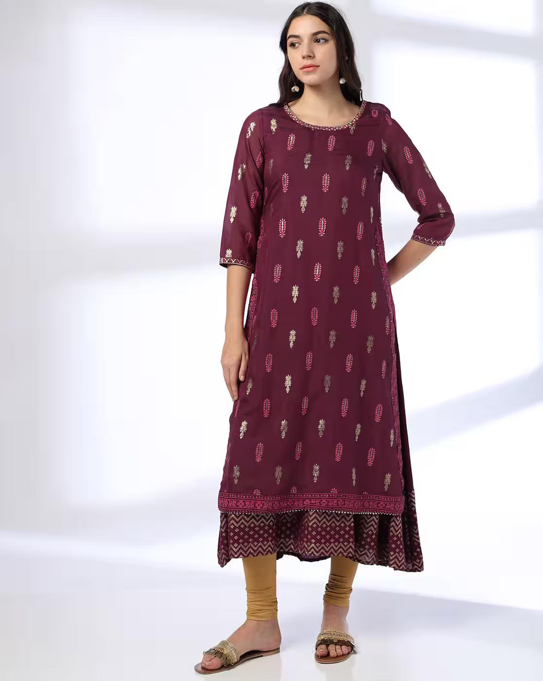 DOUBLE LAYERED FESTIVE KURTA, WINE, S