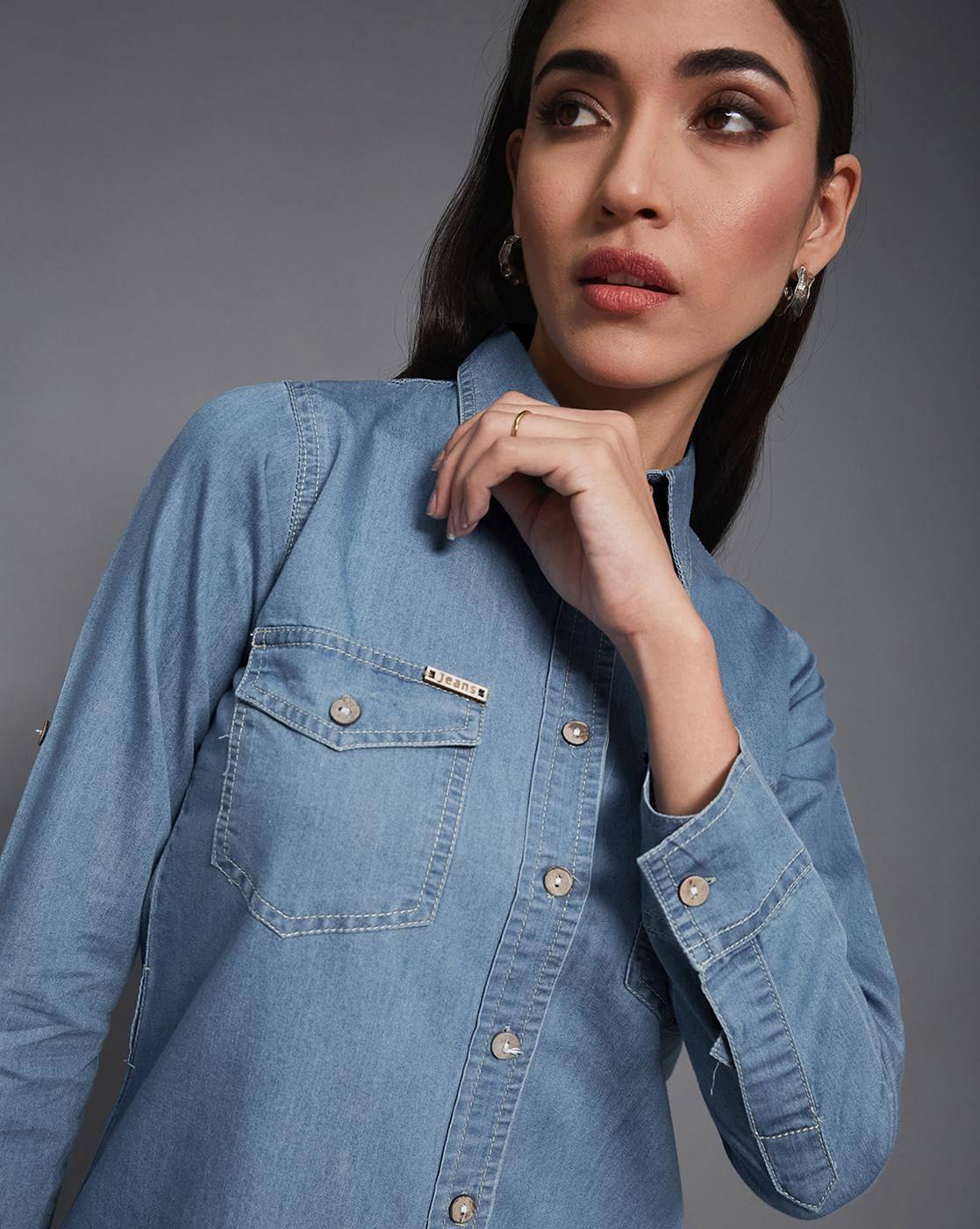 Blue solid buttoned A-line min, BLUE, XL