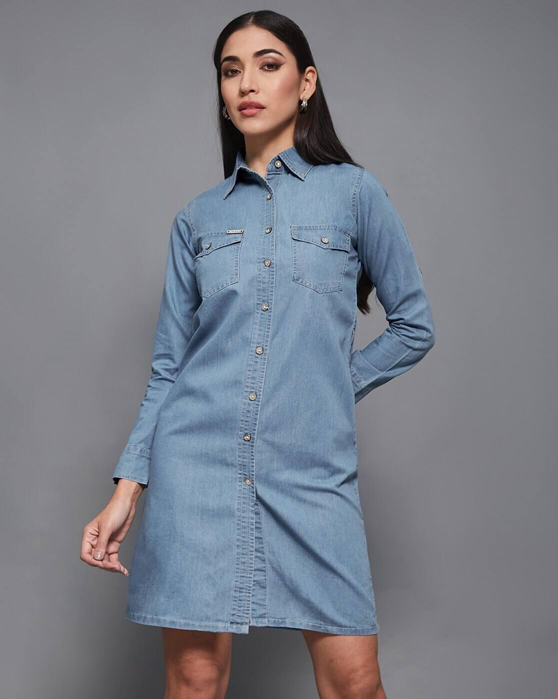Blue solid buttoned A-line min, BLUE, XL