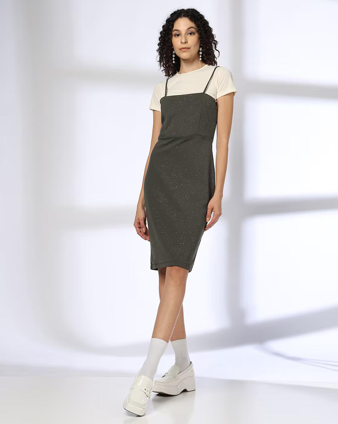 MIDI DRESS WITH T SHIRT, OLIVE, M