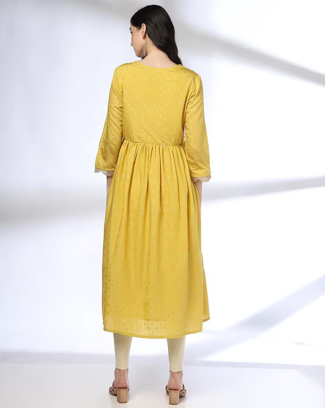 SLANTED EMPIRE SEAM EMBROIDER, YELLOW, S