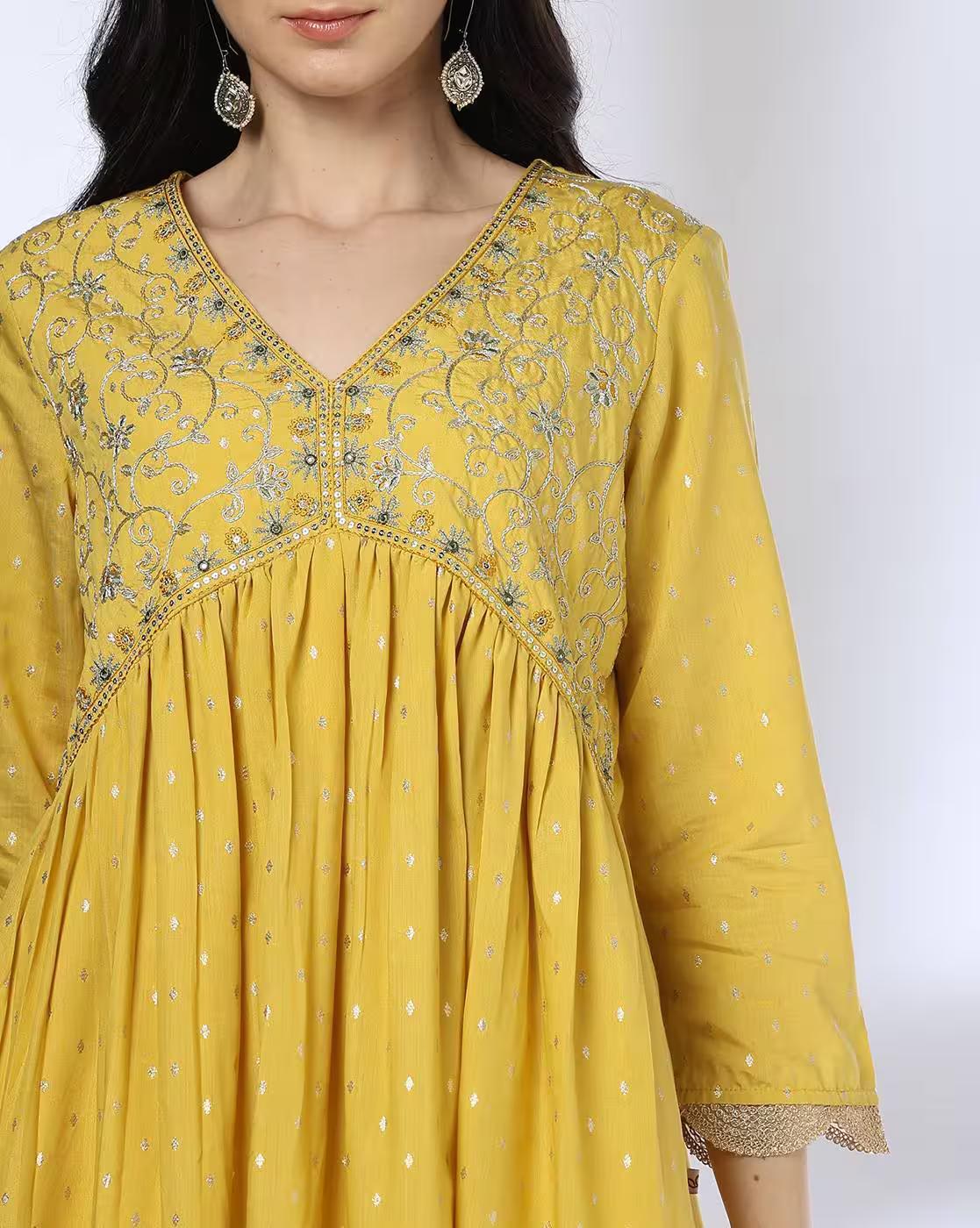 SLANTED EMPIRE SEAM EMBROIDER, YELLOW, S