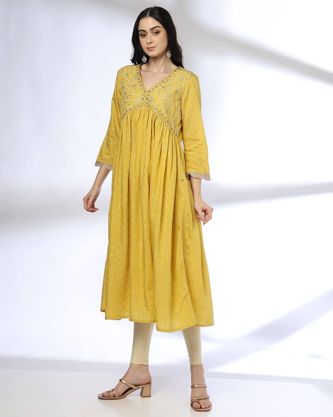 SLANTED EMPIRE SEAM EMBROIDER, YELLOW, S