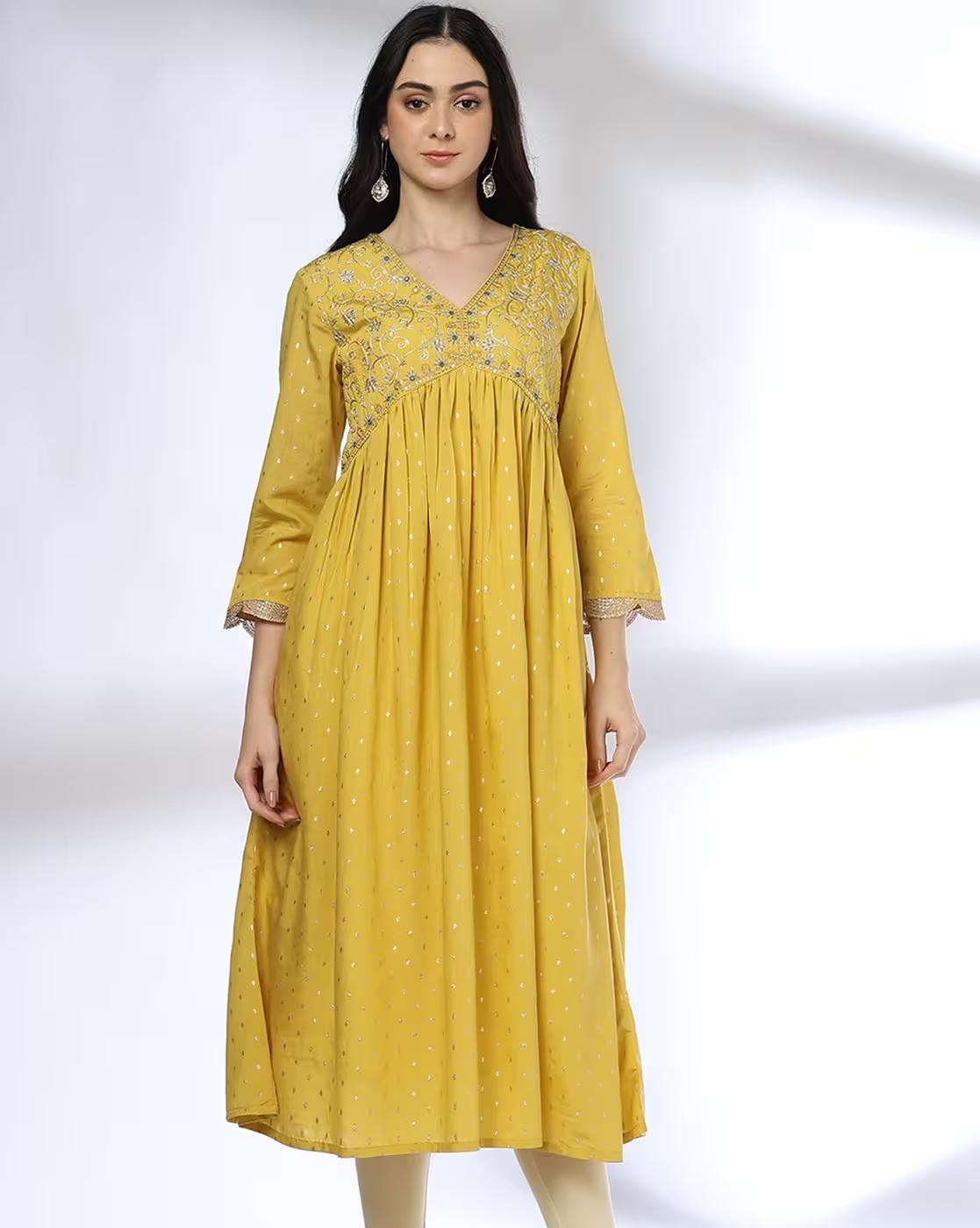 SLANTED EMPIRE SEAM EMBROIDER, YELLOW, S
